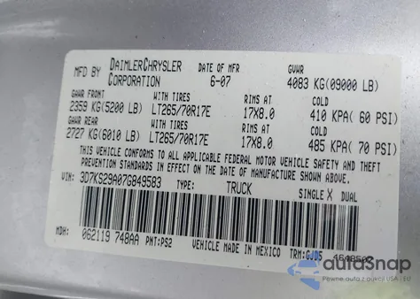 2007 Dodge Ram 2500 Laramie z USA, uszkodzony, nr VIN 3D7KS29A07G849583